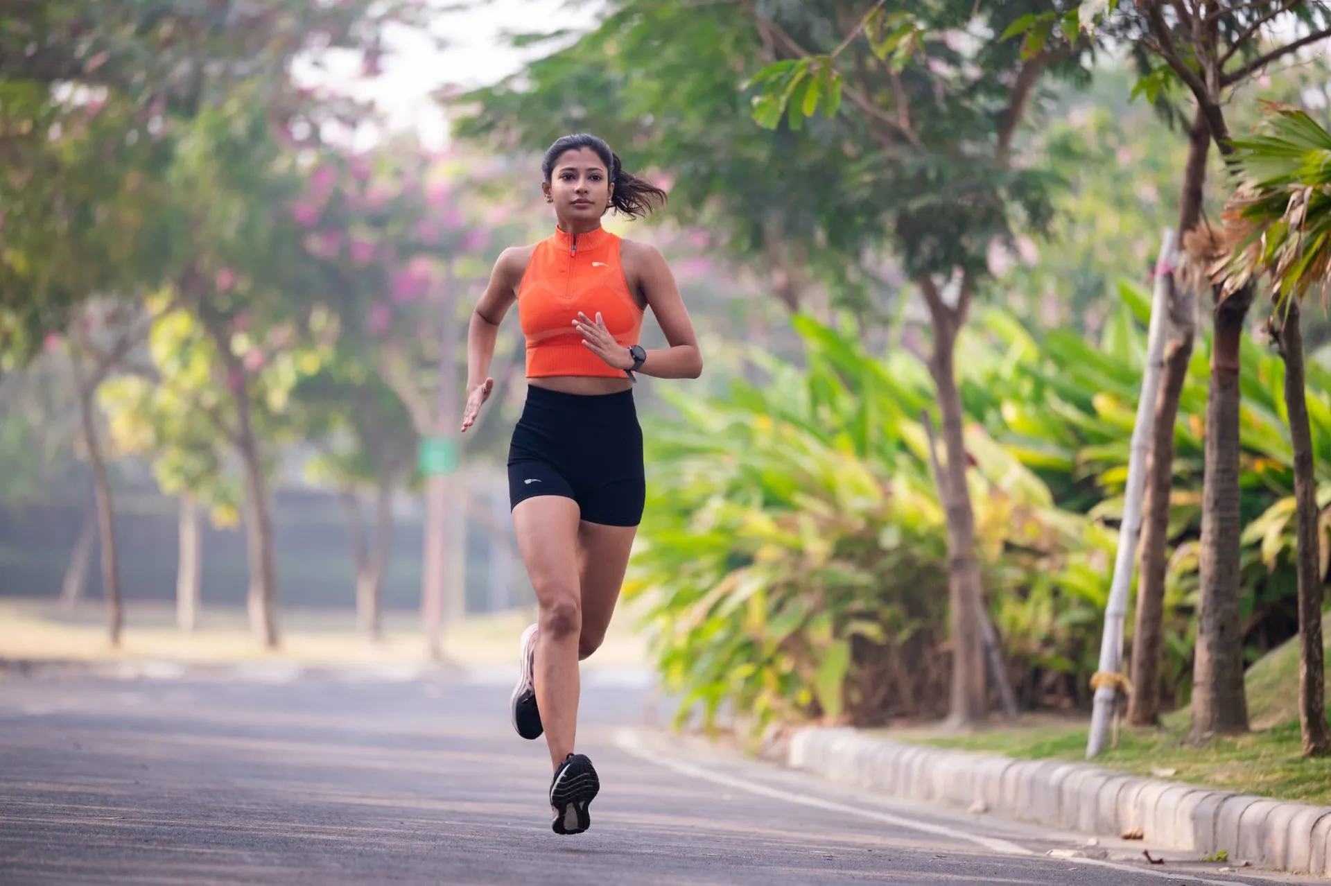 A runner on a tree-lined road in soft daylight