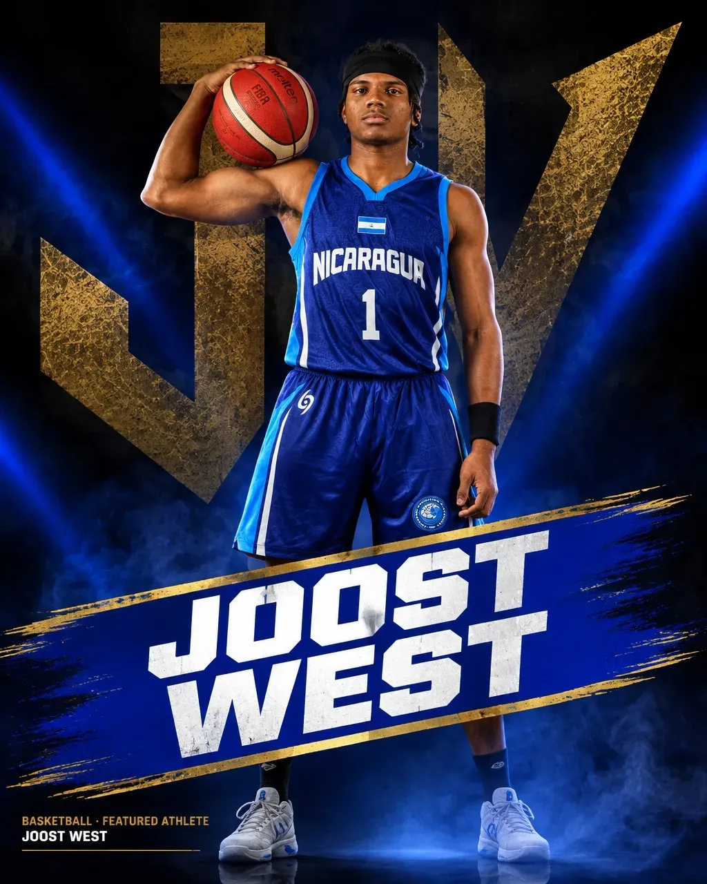 Joost West in a blue Nicaragua number 1 jersey holding a basketball, featured in Roc Street artwork