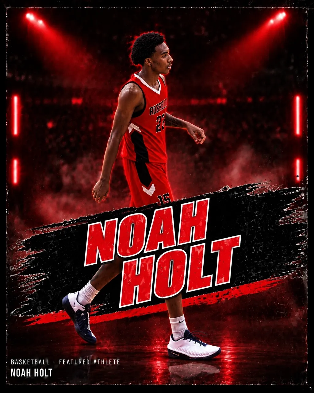 Noah Holt in a Roseville basketball uniform, featured in Roc Street artwork