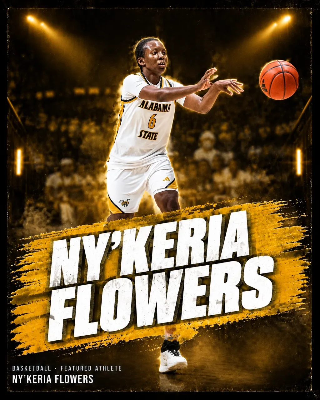 Ny'Keria Flowers in her Alabama State number 6 basketball uniform, featured in Roc Street artwork