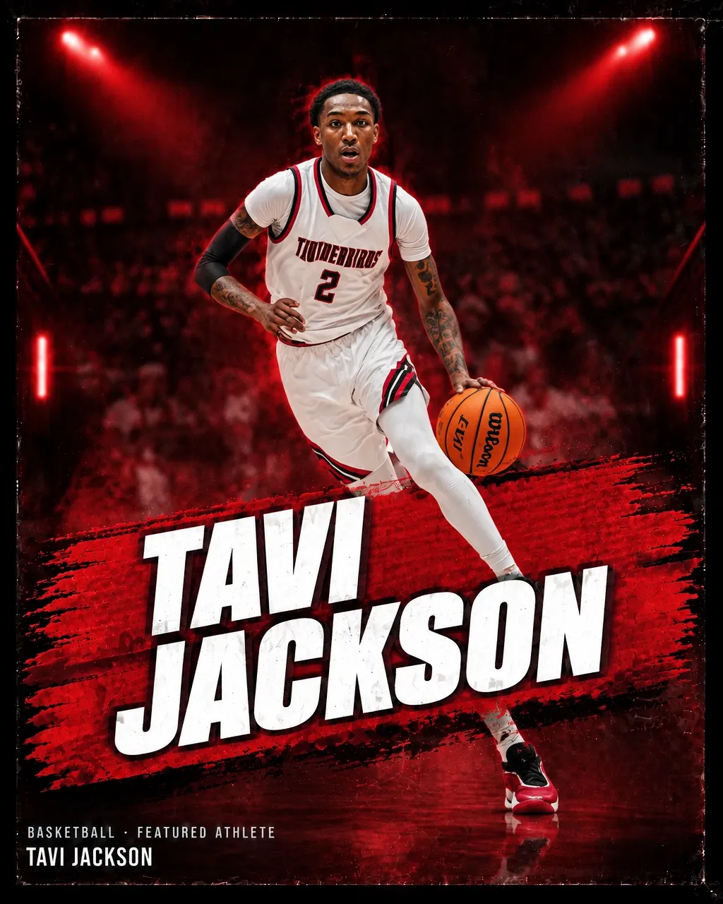 Tavi Jackson in a white Thunderbirds number 2 basketball uniform, featured in Roc Street artwork