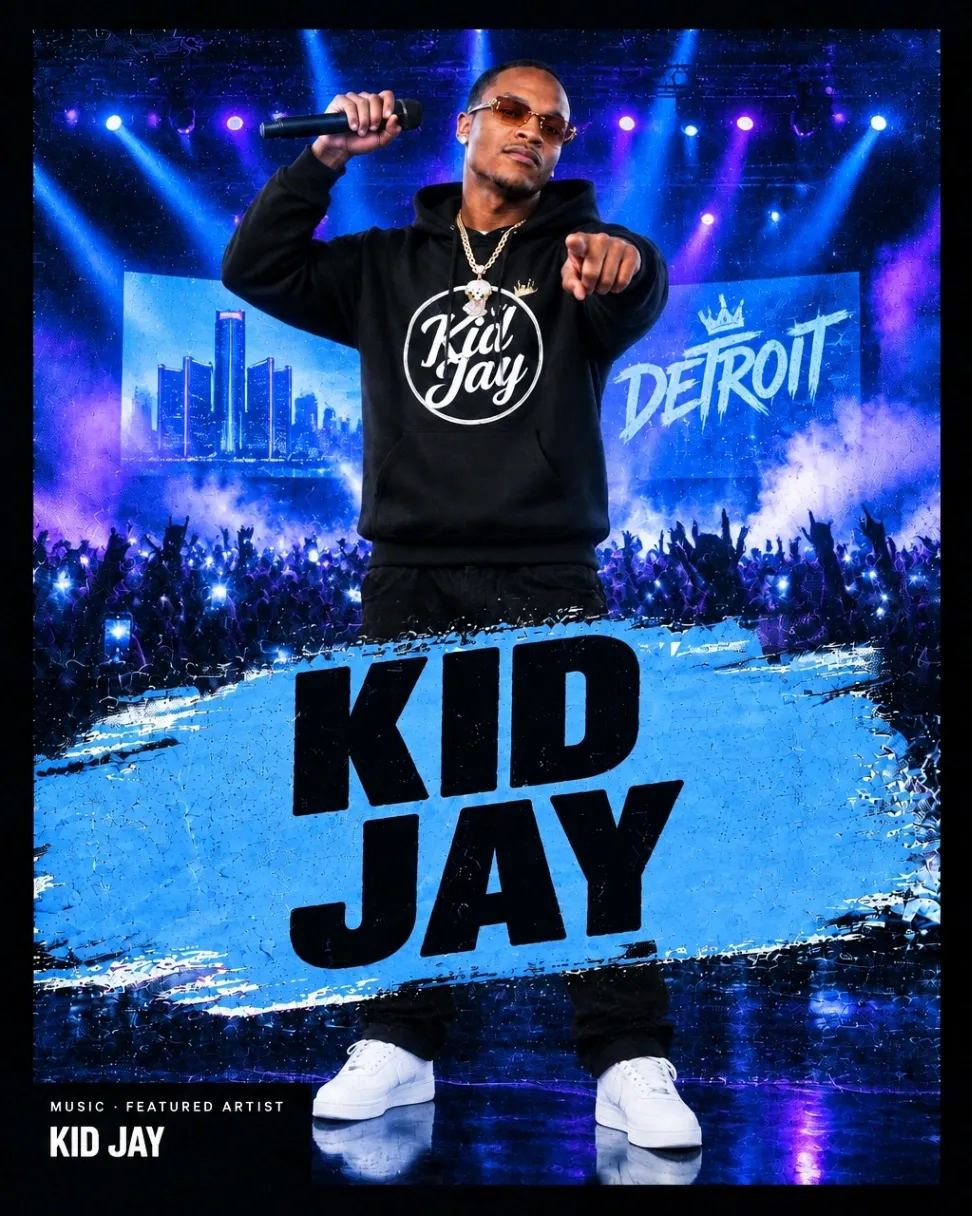 Kid Jay, music artist performing on a lit concert stage