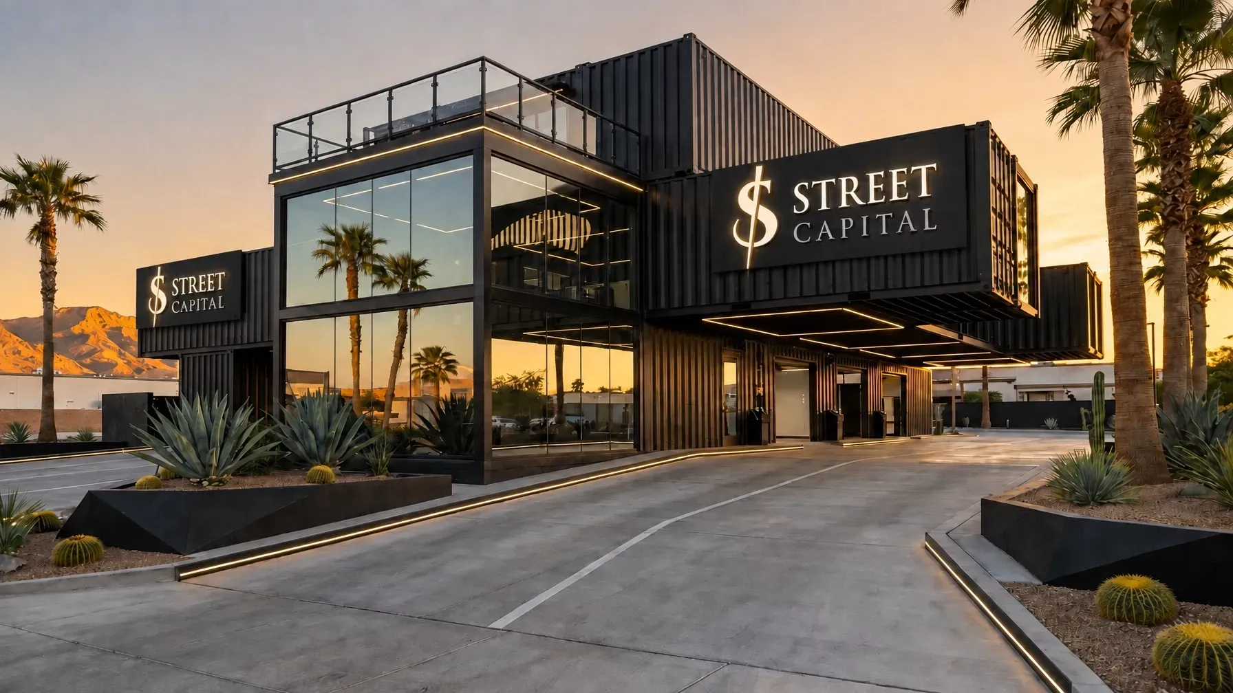 A modern building at sunset with palms, warm golden-hour light, and desert landscaping