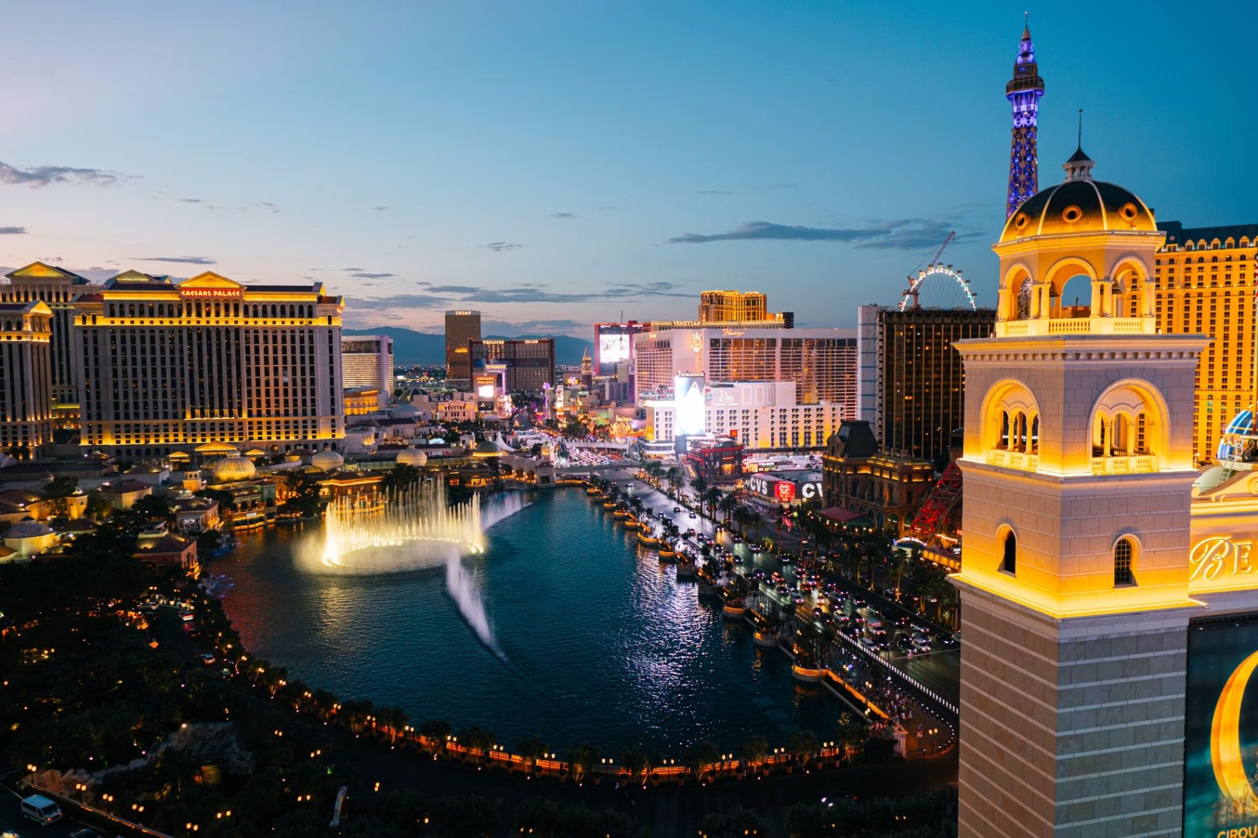 Las Vegas Strip skyline and Bellagio fountains at dusk
